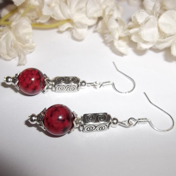 Dangle Earrings Set Dark Red and Silver Beaded Fashion Jewelry Gift for Her 7093 - Picture 5 of 8